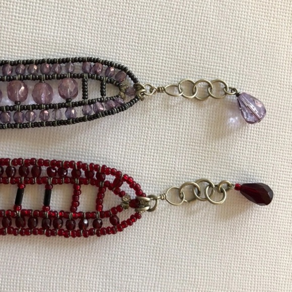 Handmade beaded noir bracelets set/2 red lavender - Picture 3 of 3